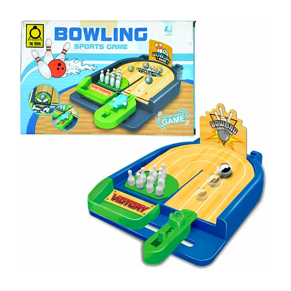 Mini juego de mesa tipo boliche con tablero, bolos y balines, variedad de colores / bowling sport game