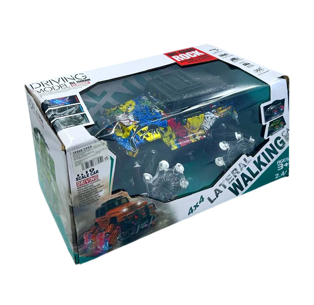 Carro camioneta rotativo 360° con control remoto, estampado de graffiti y rines transparentes de juguete / 4x4 lateral walking