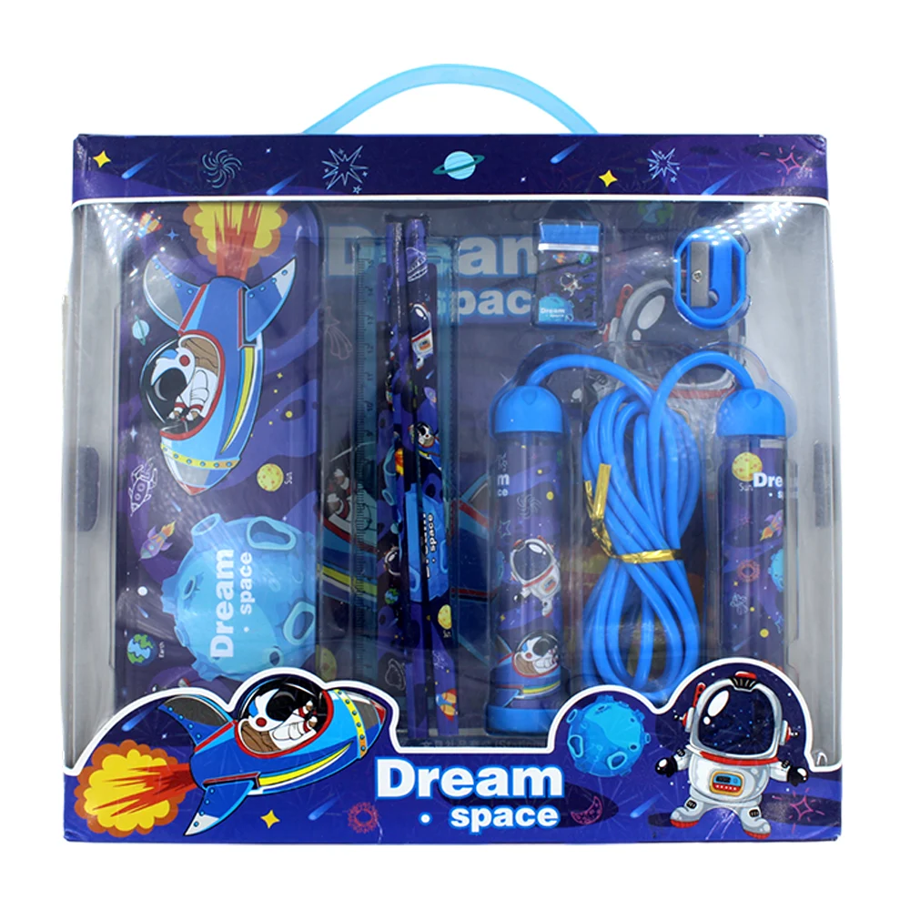 Kit de papelería con estuche metálico, 2 lápices, regla, borrador, sacapuntas y cuerda para saltar, variedad de modelos / 020266
