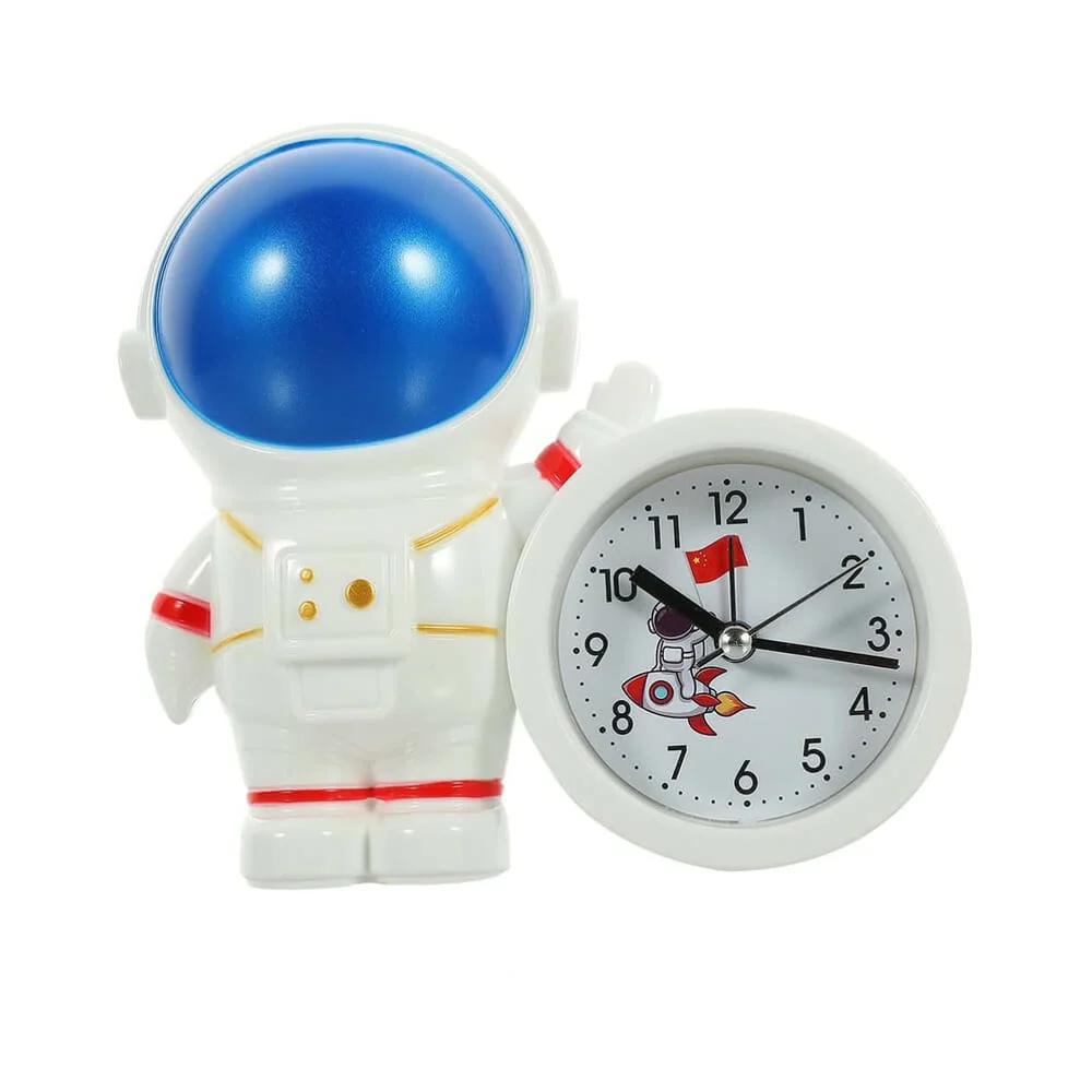 Reloj alarma despertador redondo con figura decorativa de astronauta y diseño temático espacial, variedad de colores / 7055