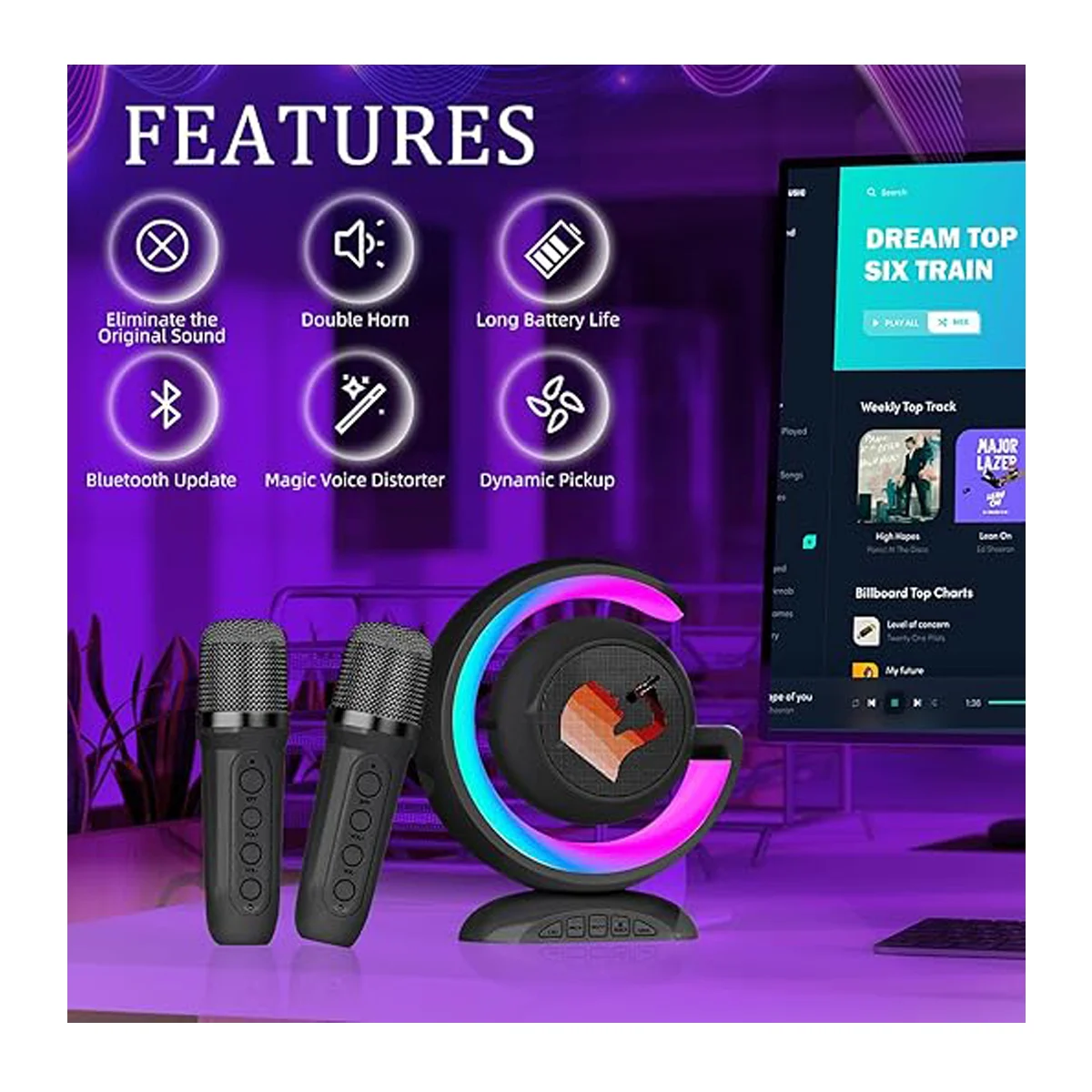 Bocina rgb bluetooth en forma de g para karaoke con 2 micrófonos + entrada para usb y sd, variedad de colores / ys-110