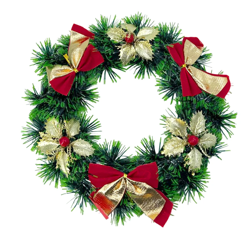1pza corona navideña colgante para decoración de puerta con moños y plantas artificiales, 25cm / bt-2323