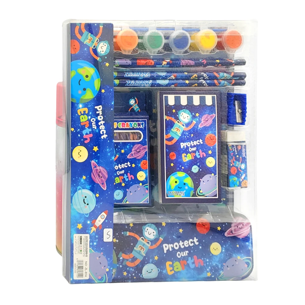 Kit papelería con 6 acuarelas, 3 lápices, 8 crayones, mini libreta, borrador, sacapuntas, libreta para dibujar y estuche metálico, variedad de diseños / zl-814 / e-904