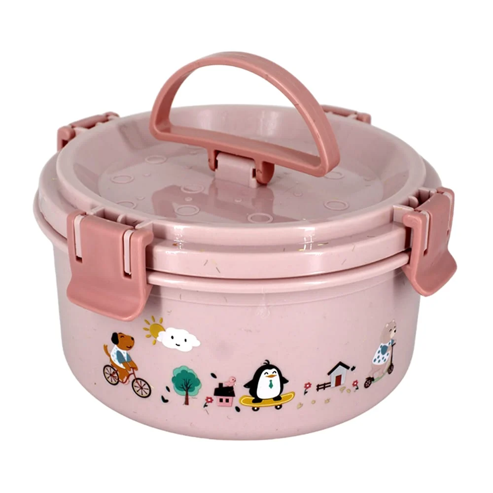 Tupper redondo - circular de plástico, con cubiertos, asa, seguro antiderrames  y  diseño de animales, variedad de colores / zqf-12413