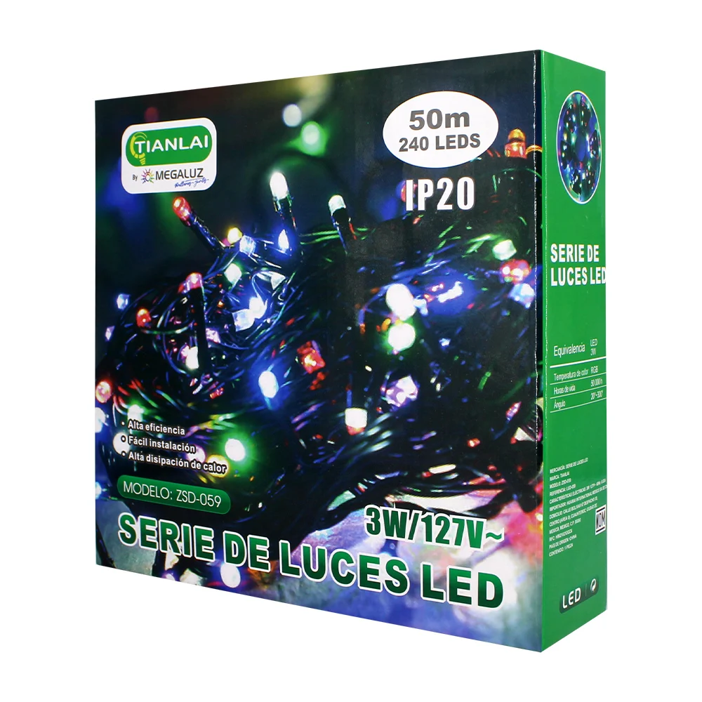 Serie de luces led rgb de 50 metros con 240 leds en forma esférica y consumo de 3 watts / zsd-059