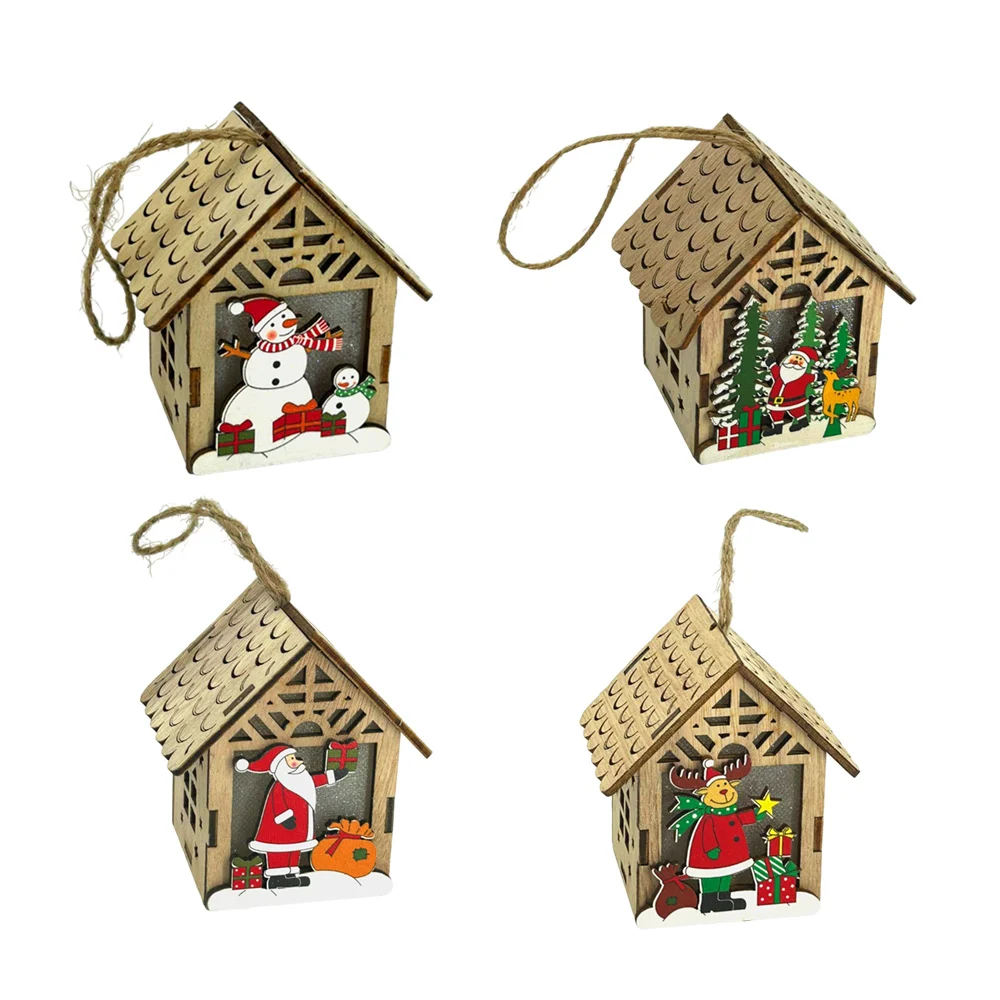 1pza Adorno / lámpara colgante con forma de mini casa de madera con personajes navideños, 8x5cm / zsd-111