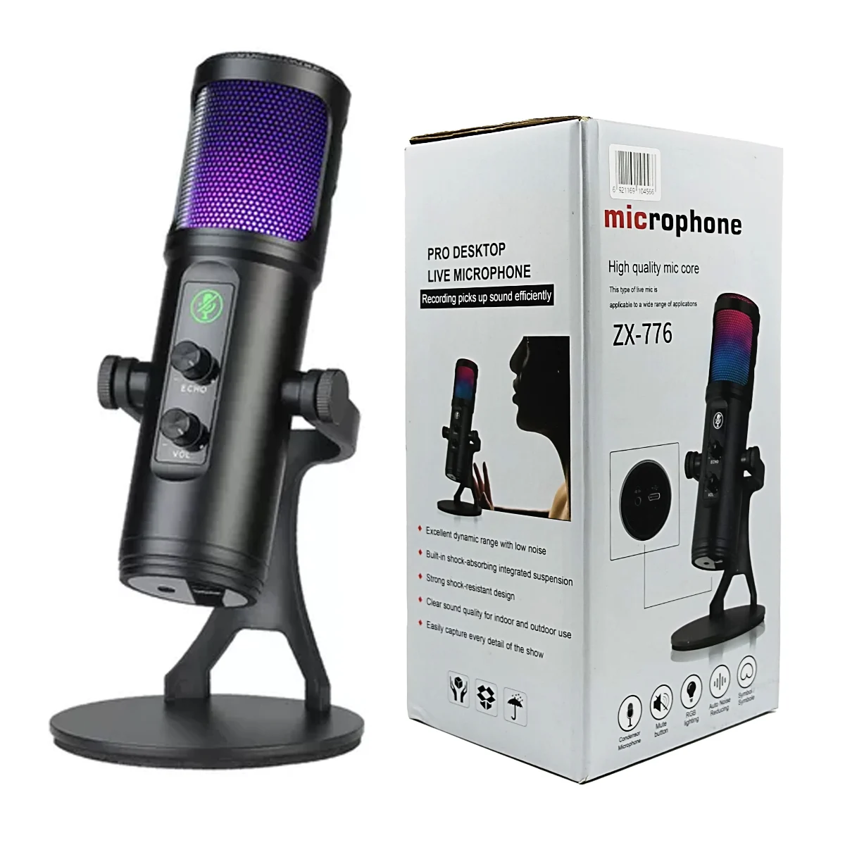Micrófono de condensador usb con luces rgb, rango dinámico con bajo ruido y botón de silencio / microphone / zx-776