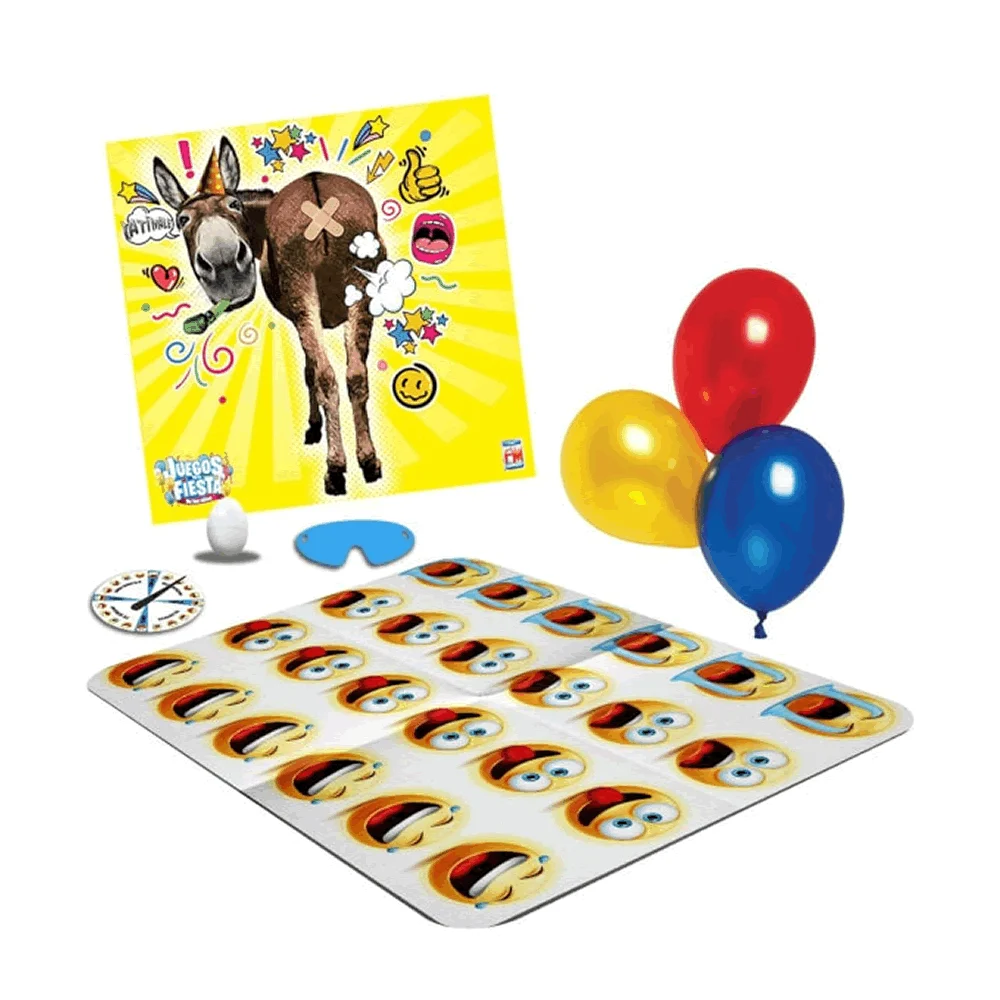 Kit 5 juegos pa la fiesta de los niños, ponle la cola al burro, aplasta globos, carrera de cucharas, enredados y gallinita ciega
