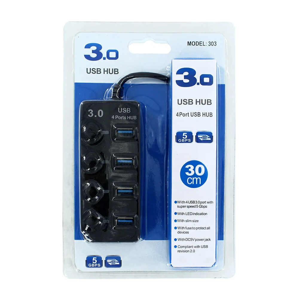 Hub multiconector usb con cable de 30cm y 4 puertos usb 3.0 con interruptor apagador / 303 / 11621