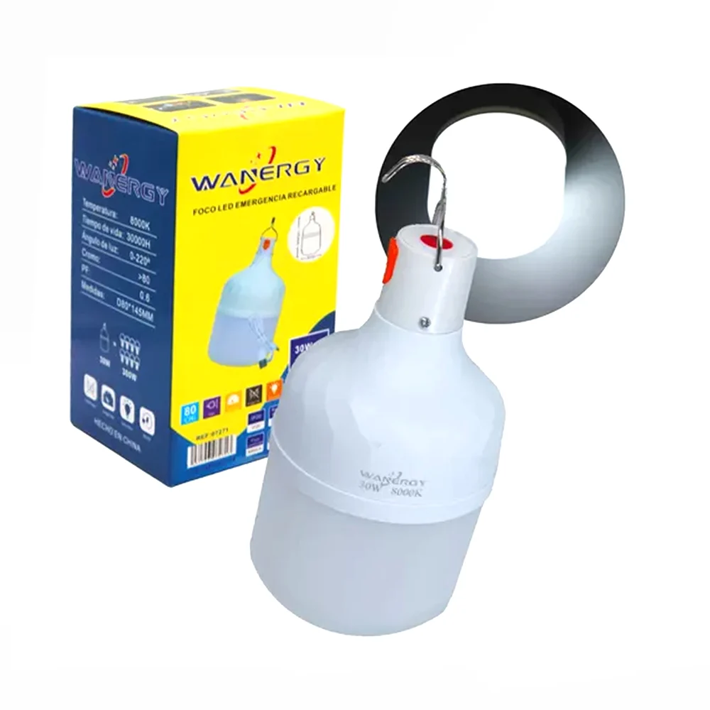 Foco recargable colgante led wanergy con luminosidad de 3000 lúmenes y consumo de 30 watts