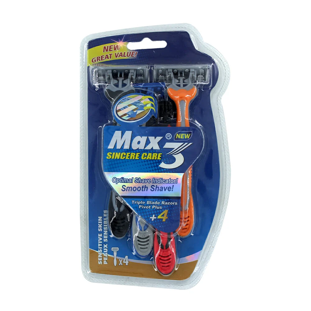 Paquete con 4 rastrillos max sincere care de triple navaja, variedad de colores / 10462