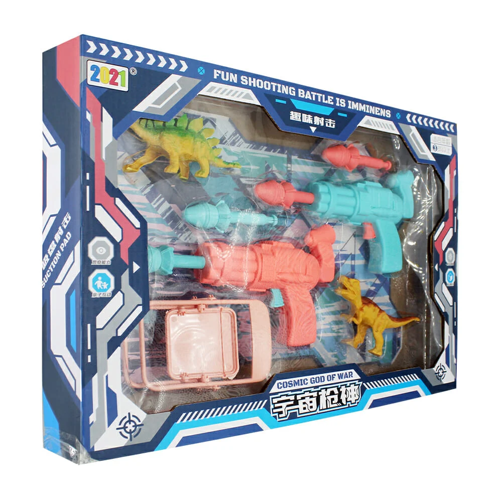 Set con 2 pistolas lanza dardos de plástico, 2 dinosaurios y soporte silla / 2021a-40