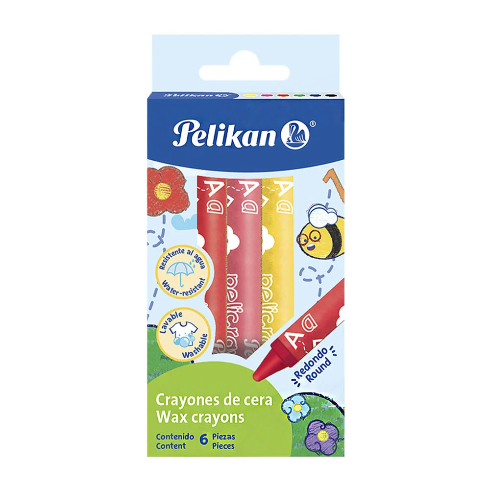 Paquete con 6 crayones de cera pelikan, cortos redondos, variedad / pelicrayones
