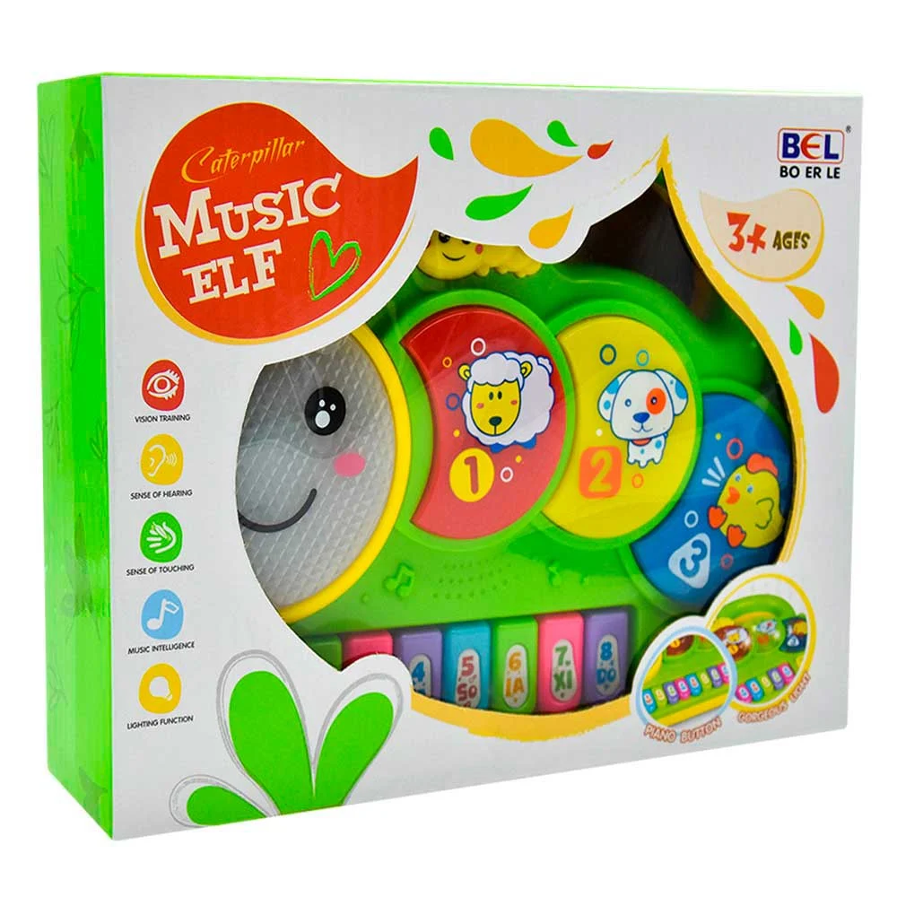 Piano juguete interactivo music elf de pilas con luz y sonido diseño de oruga gusano, variedad de colores / 3019
