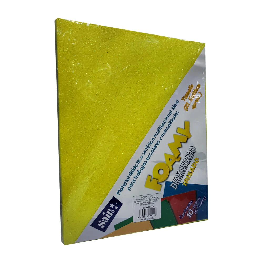 Paquete 10 pzas de foamy diamantado irisado tamaño carta en color amarillo, 21.5x28cm / 78358