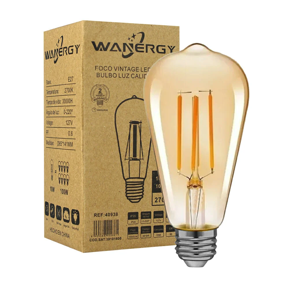 Foco led st64 wanergy tipo vintage de luz cálida con consumo de 10 watts y luminosidad de 1000 lúmenes / 40938