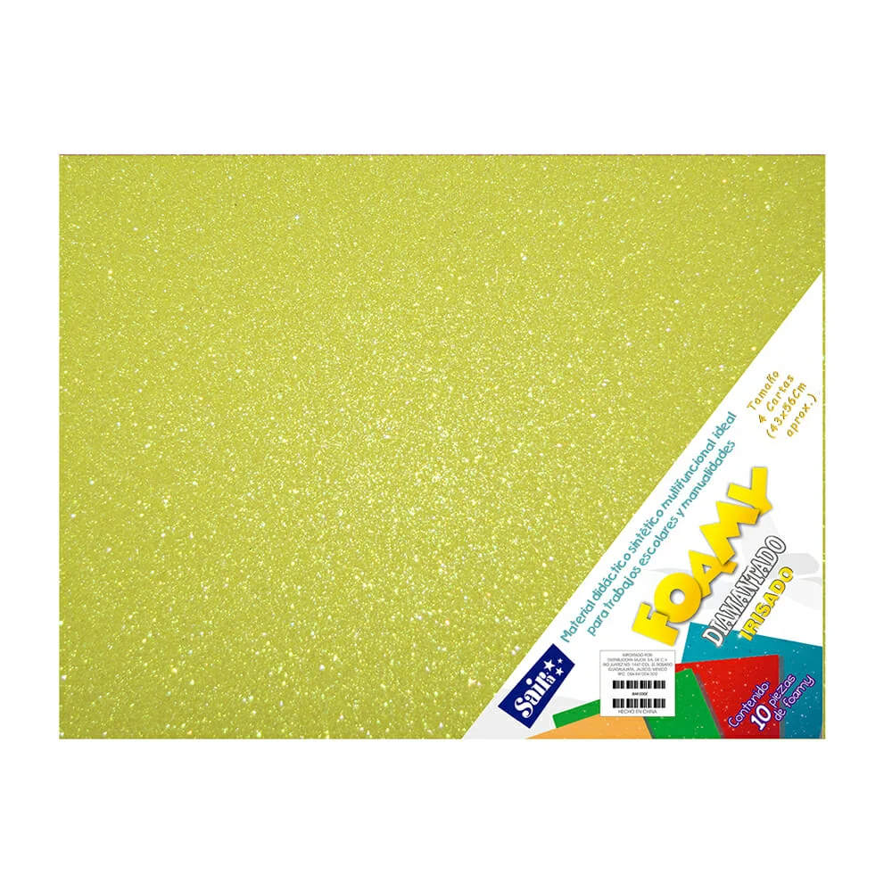 Paquete con 10 hojas de foamy diamantado irisado tamaño 4 cartas o 43x56cm color amarillo canario / 858350