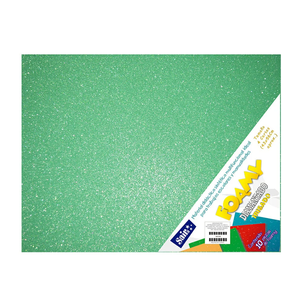 Paquete con 10 hojas de foamy diamantado irisado tamaño 4 cartas o 43x56cm color verde aqua / 858459