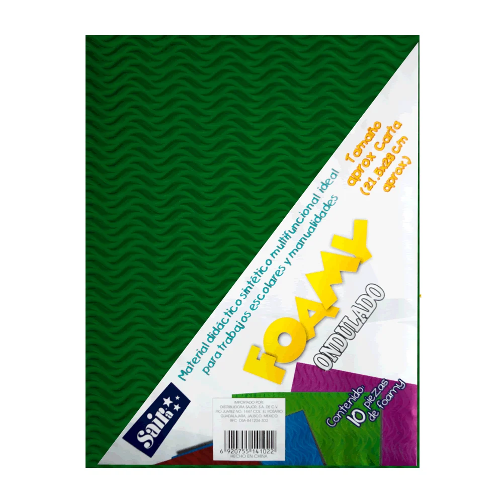 Paquete con 10 hojas de foamy ondulado tamaño carta color verde bandera / 141138