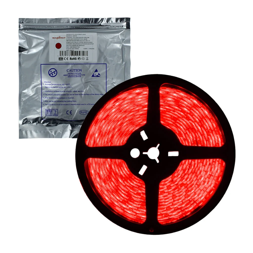 Tira led de luz roja 5mtrs, 12v, 8w wanergy 49470 / 41045