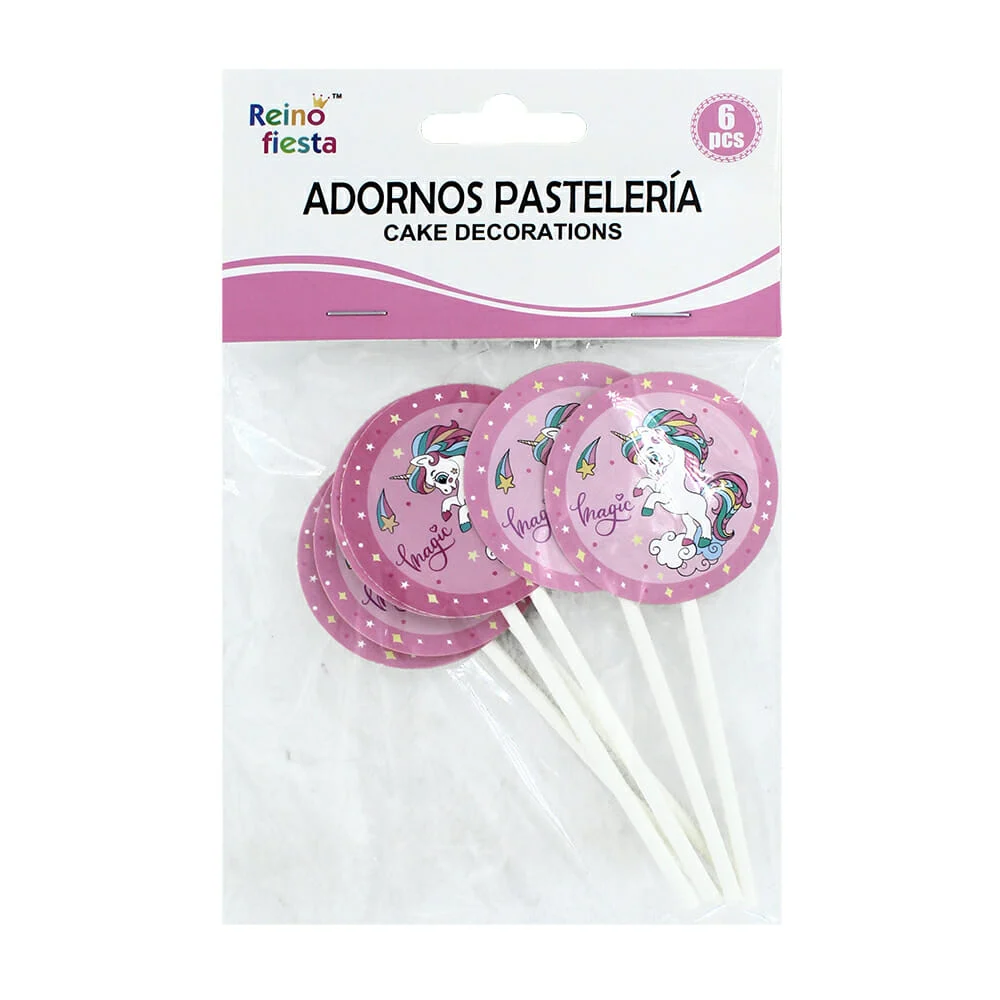 Paquete de 6 mini letreros redondos reino fiesta con diseño de unicornio para decoración de cupcakes / cake decorations