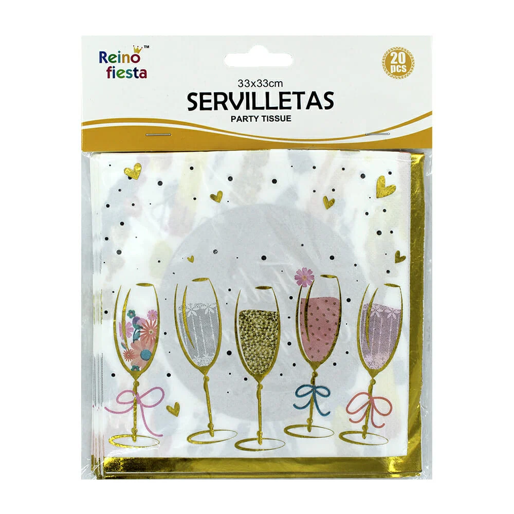 Paquete de 20 servilletas de papel cuadradas con frase feliz cumpleaños y dibujo de copas 33x33cm / 50890