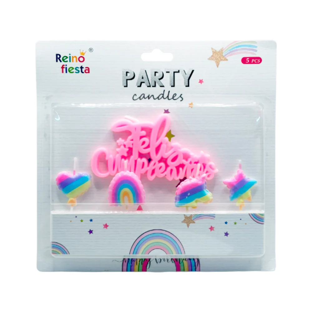 Paquete con 5 velas de feliz cumpleaños con figuras multicolores / 52461