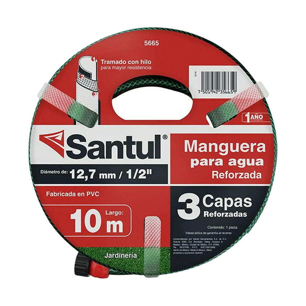 Manguera jardinera santul de 1/2 pulgada con largo de 10 metros y 3 capas reforzadas de pvc / 0520
