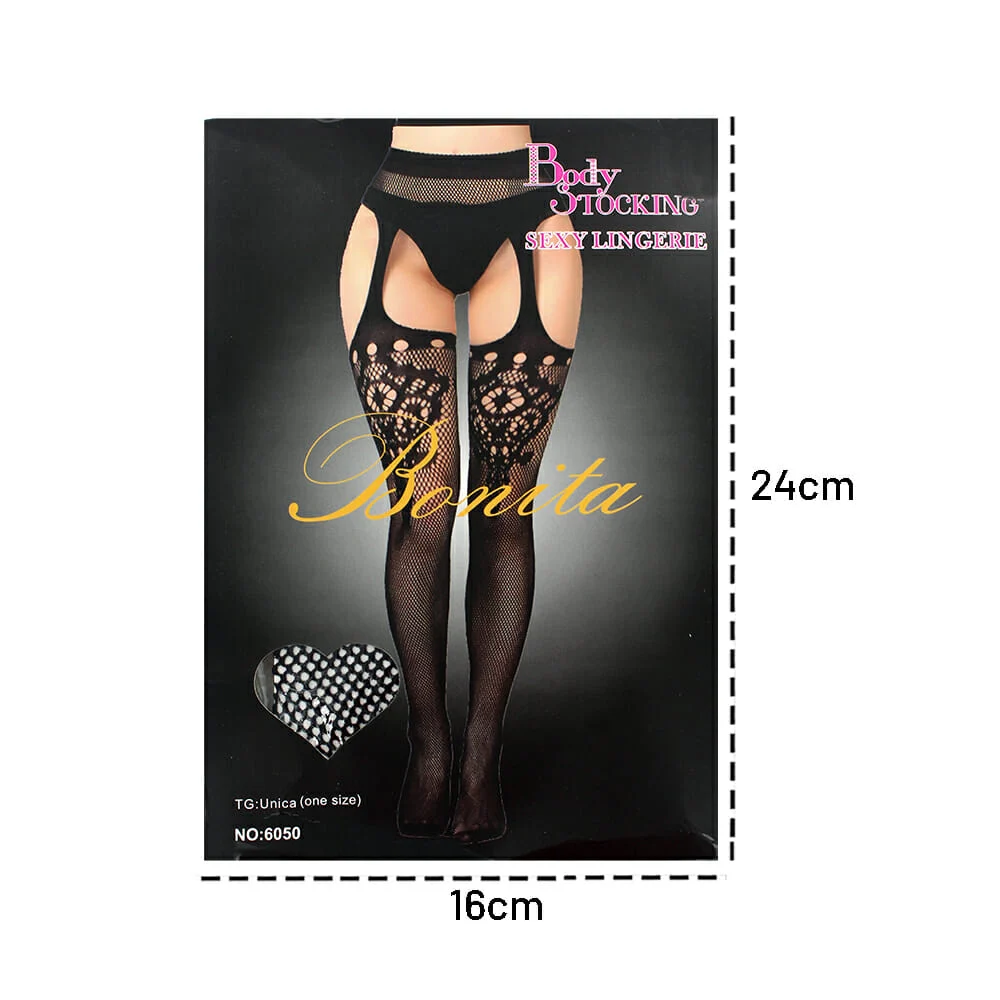 Lencería color negro para dama, malla pantimedia de red y liguero con diseño / bonita / 6050