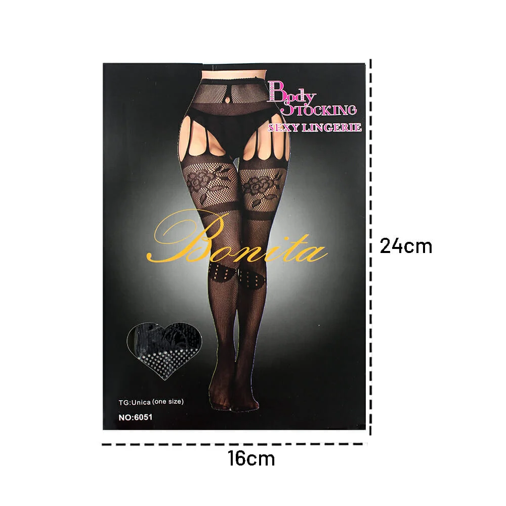 Lencería color negro para dama, malla pantimedia de red y liguero con diseño de flores / bonita / 6051