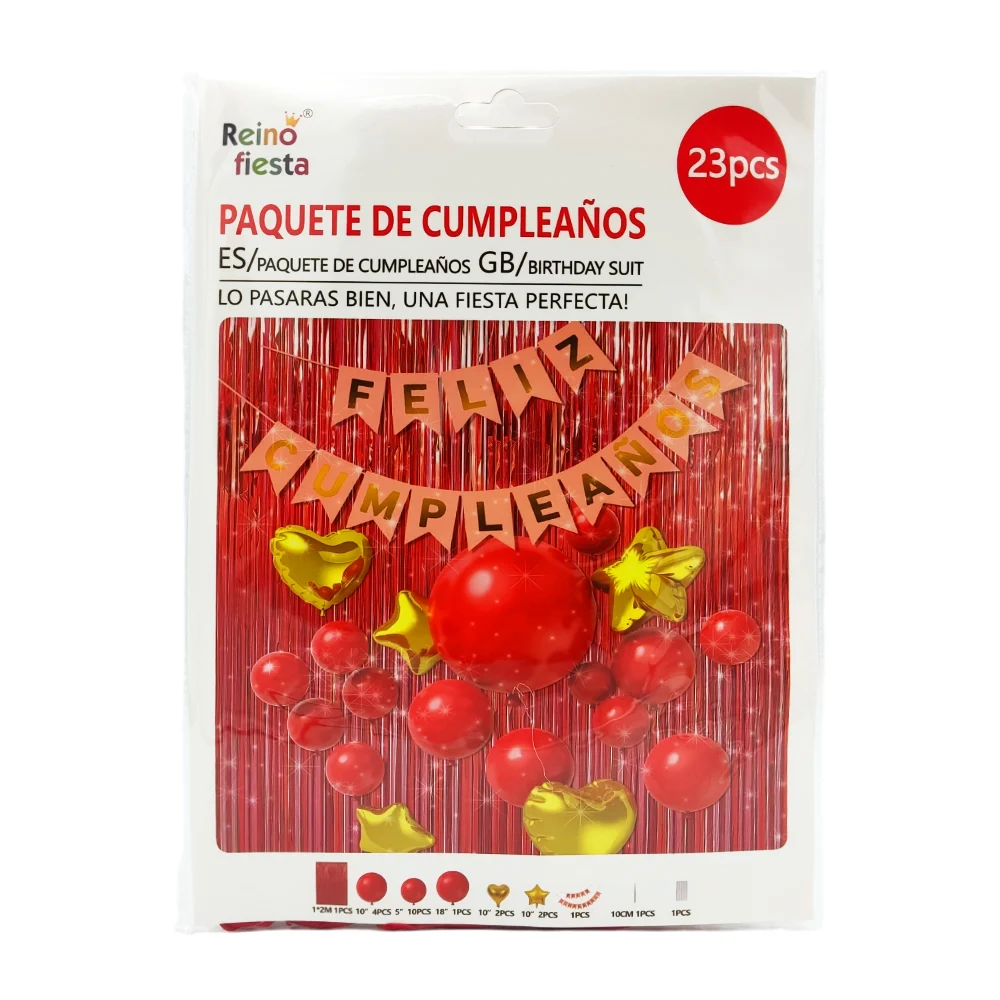 Paquete de cumpleaños con guirnalda de cumpleaños, globos y cortina metálica