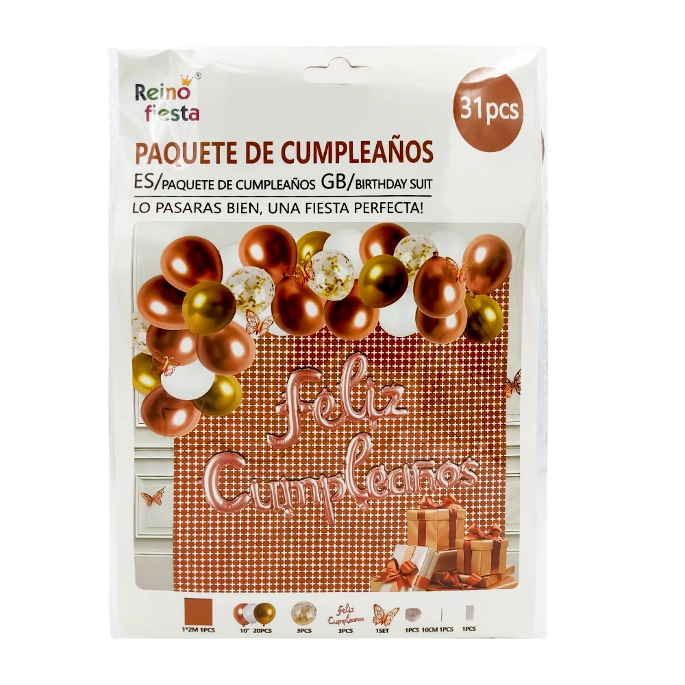 Paquete de cumpleaños con globos cortina metálica cuadrada y detalles, surtido