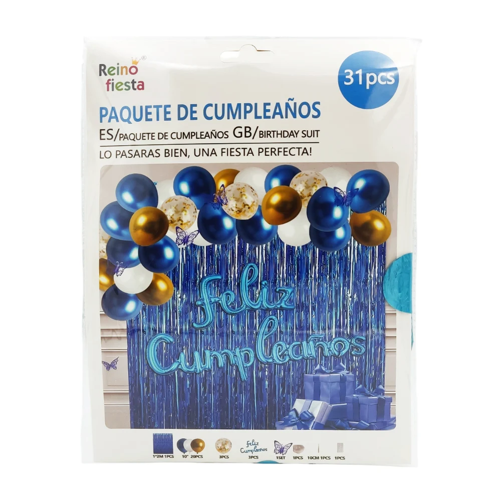 Paquete de cumpleaños cortina metálica, globos, figuras tonos metálicos, surtido