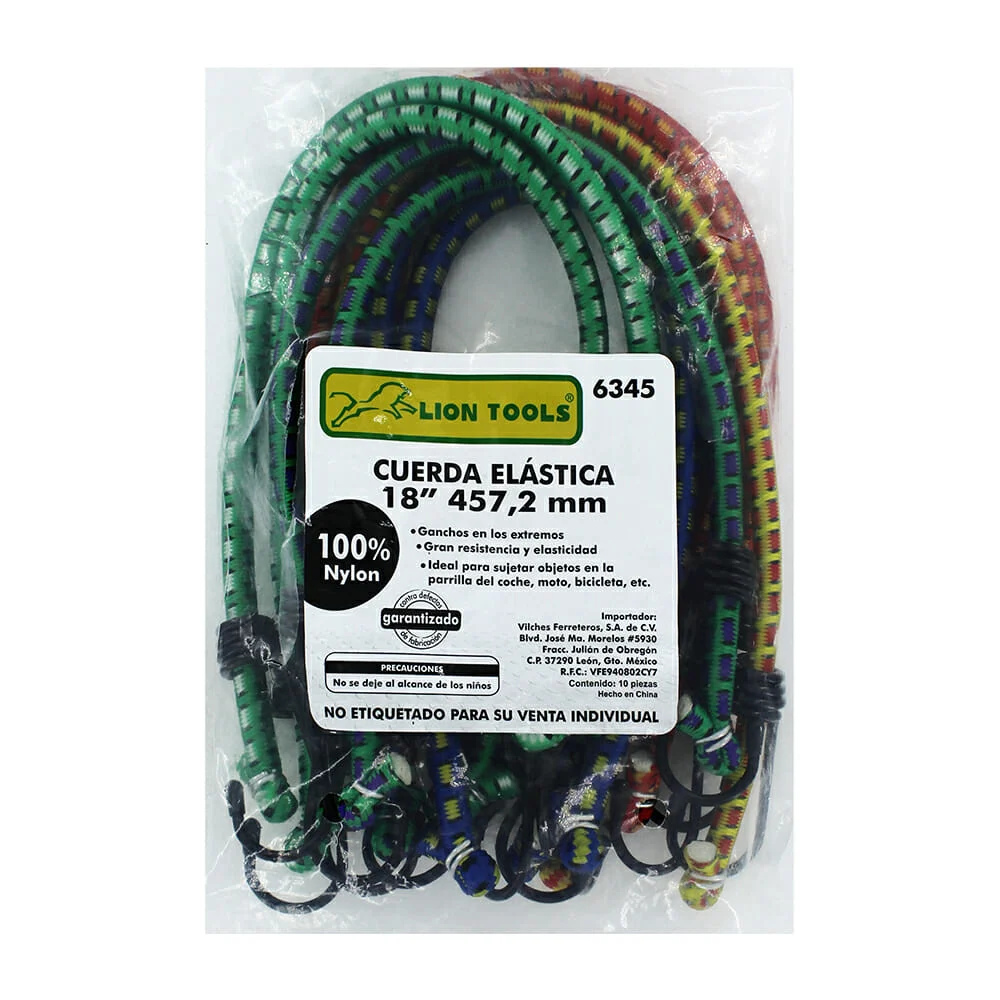 Paquete con 10 cuerdas elásticas de nylon 18" lion tools con ganchos en los extremos / 6345