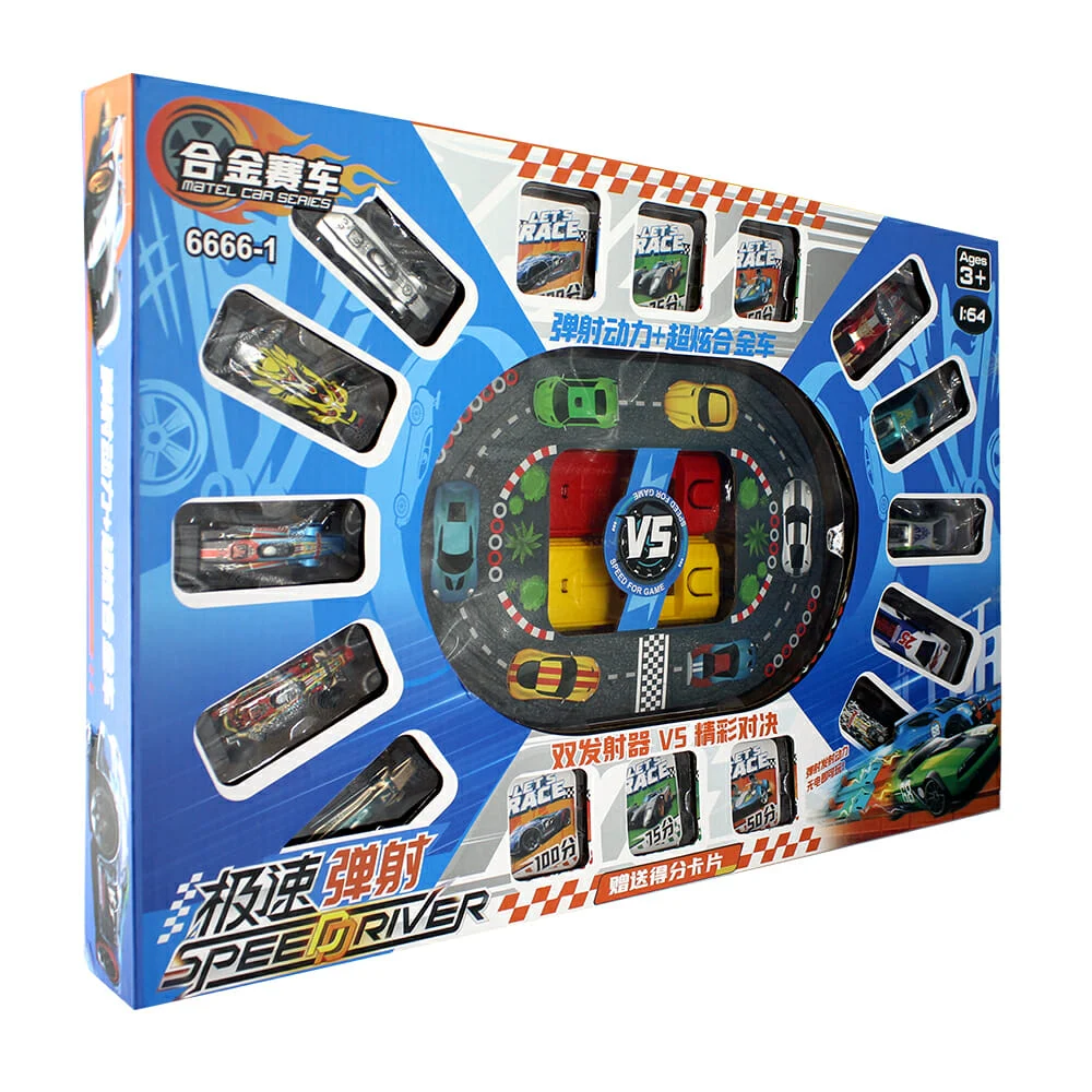 Set de 10 carros de plástico con diseño y 2 lanzadores con accesorios / speed driver