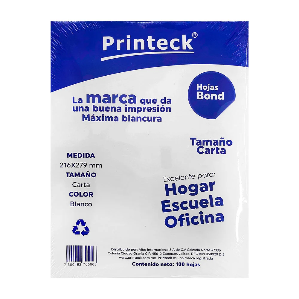 Paquete con 100 hojas bond blancas tamaño carta / printeck / 705008