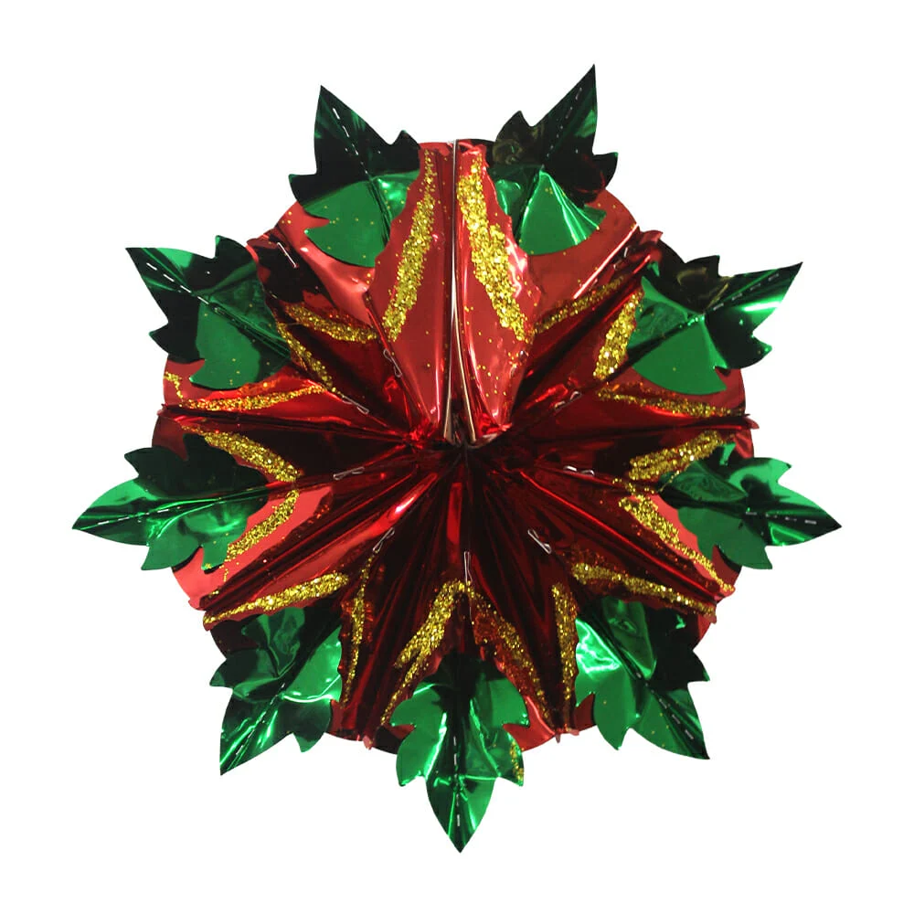 1pza Adorno navideño metálico en forma de flor nochebuena con brillantina 25cm / pascua metálica 1