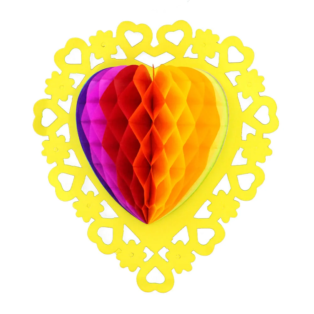 Adorno colgante 3d en forma de corazón de papel china multicolor y flores 29x32xm / corazón libre