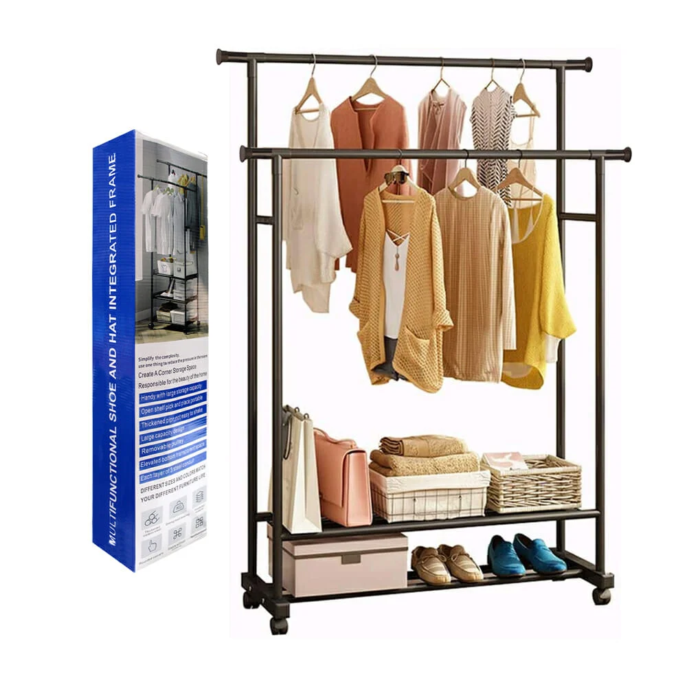 Organizador metálico multifuncional con 2 niveles y doble tubo para colgar ropa 55x164x35cm / 80639