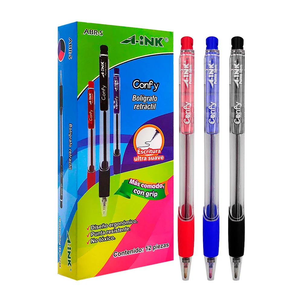 Paquete con 12 plumas confy retráctiles diseño ergonómico, color surtido / abr-s