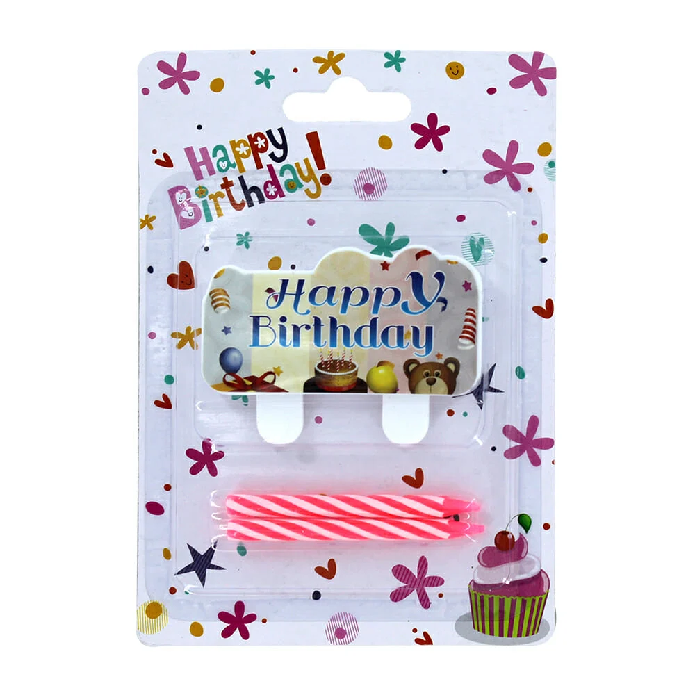 Cake topper happy birthday y par de velas para pastel, variedad de colores y diseños / af0132
