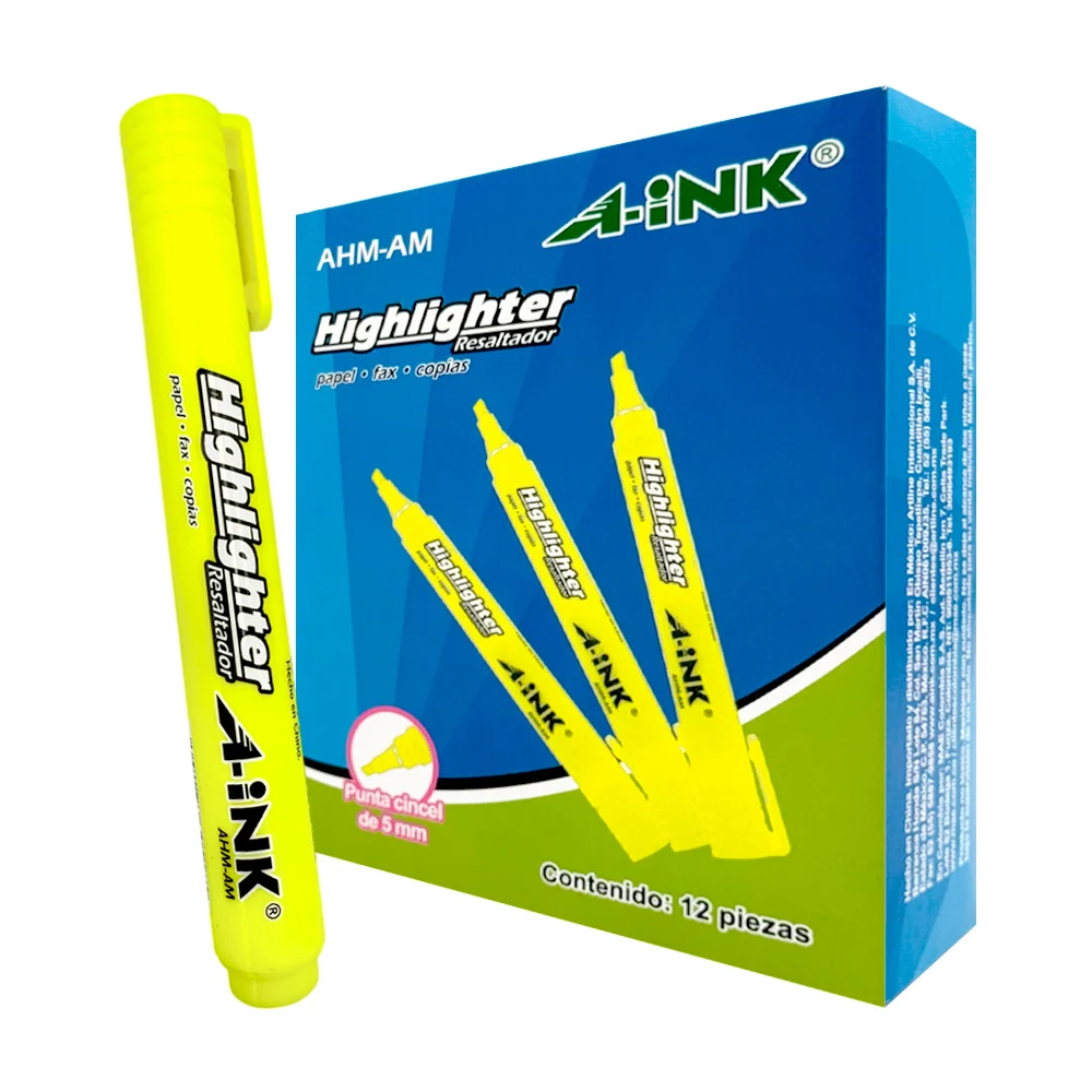 Caja con 12 resaltadores con punta cincel color amarillo / highlighter / ahm-am