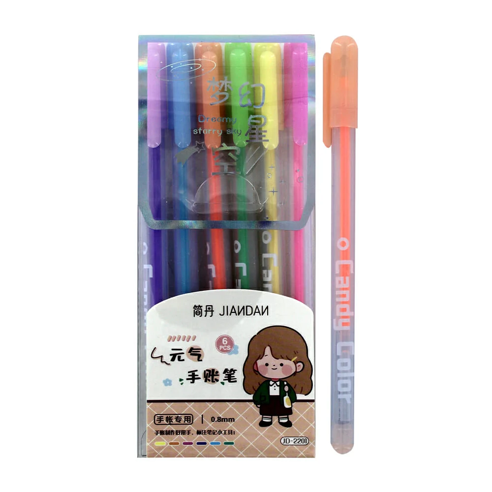 Estuche con 6 bolígrafos - plumas, de varios colores, tonos neón / ar243