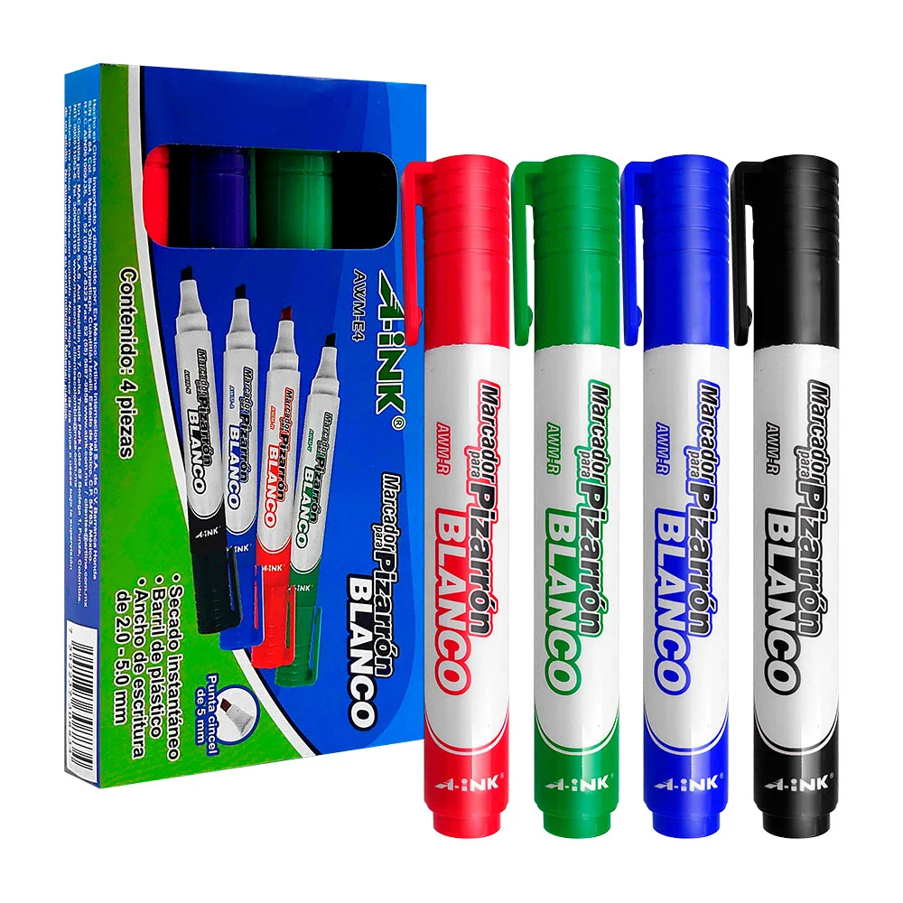Paquete con 4 marcadores para pizarrón blanco con punta cincel, color surtido