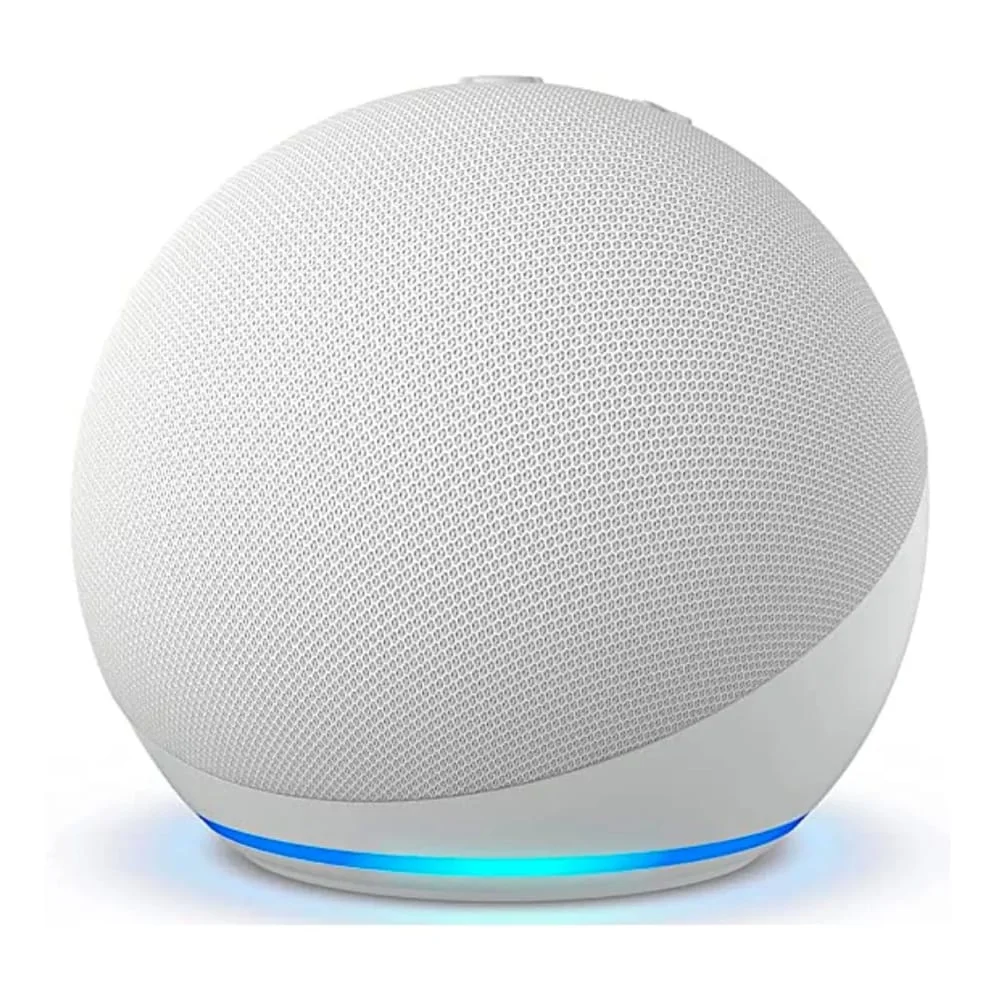 1pza Bocina inteligente amazon alexa blanca, con forma circular, iluminación led, botones de reproducción y sonido omnidireccional, variedad de funciones / 5ta generacion / amazon