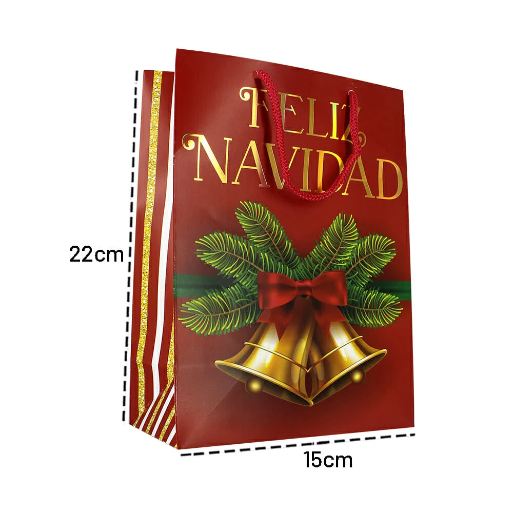 1pza Bolsa chica dipak con diseño temático navideño y relieve metálico dorado para regalo 15.1x22cm, variedad de diseños / b1