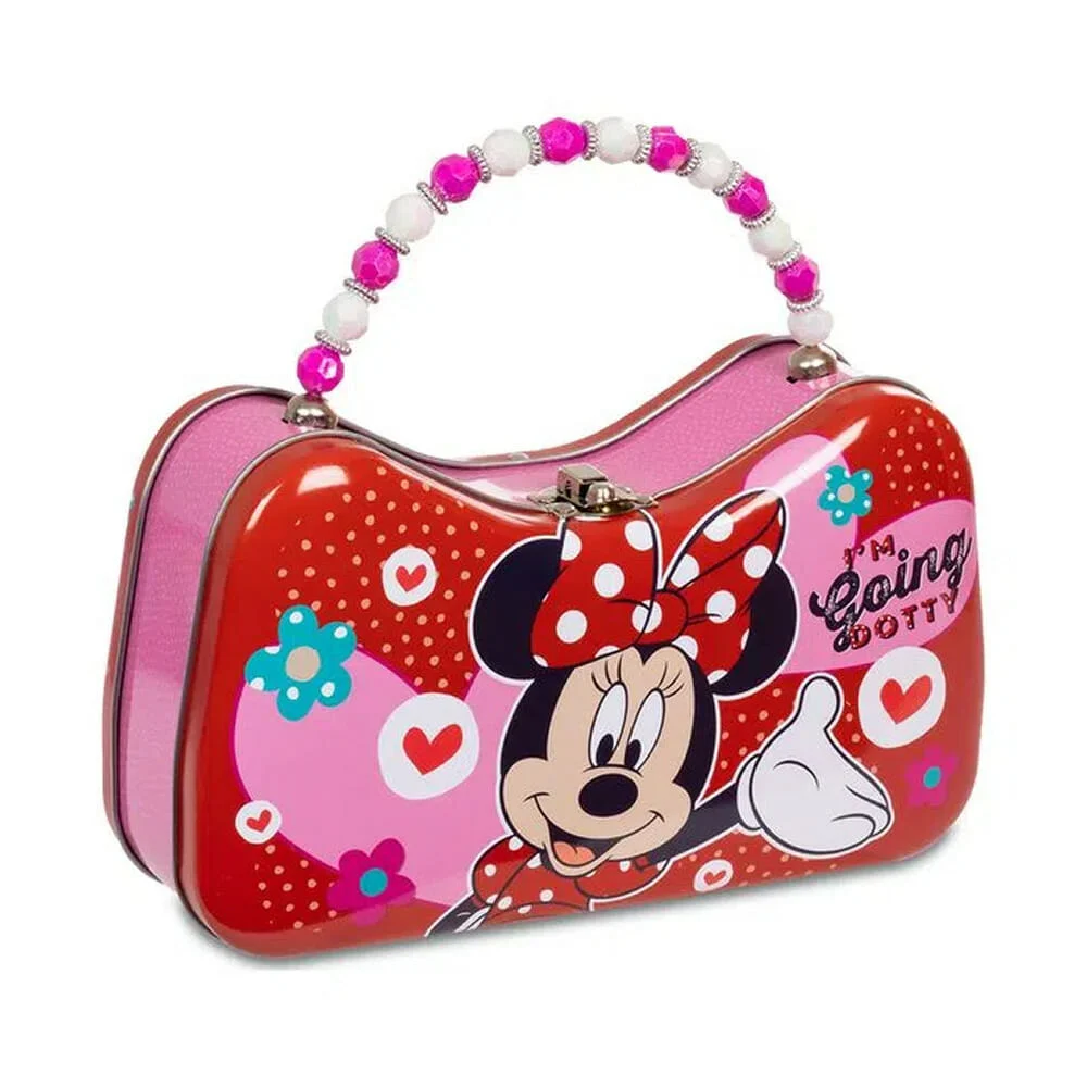 Lonchera metálica estilo bolsa con diseño de minnie mouse y asa con decoración tipo perlas / bgm18mn