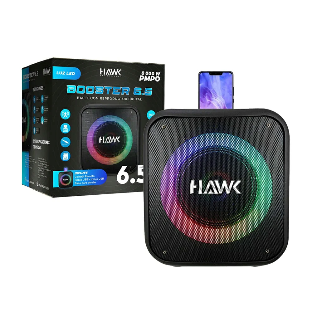Bafle bocina hawk bluetooth de 6.5 pulgadas con conexión tws, luz rgb y ranuras para sd y usb / 7334