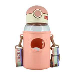 Botella transparente broche redondo + popote y correa / bz6135