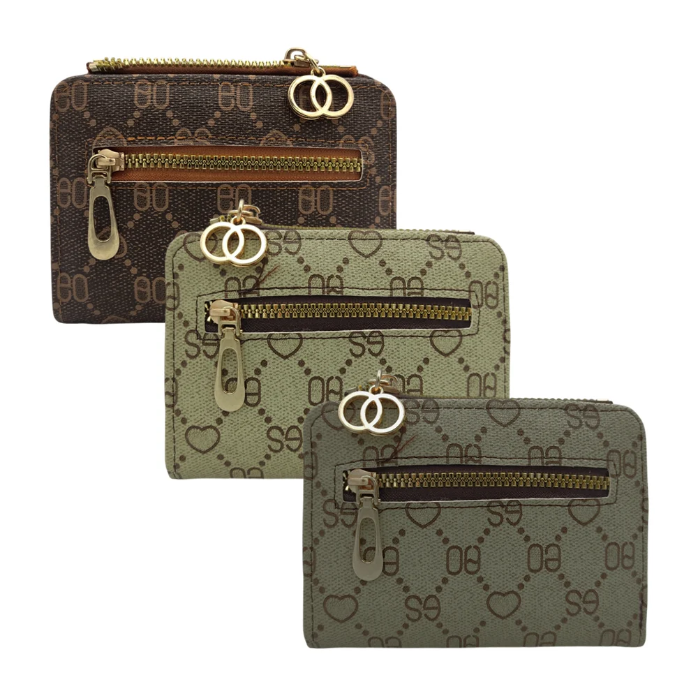 Cartera monedero con estampado de monograma y 2 cierres dorados para dama /c3024